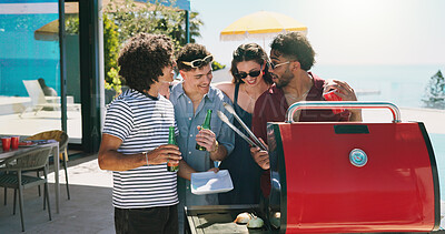 Buy stock photo Happy, cooking and barbecue with friends outdoor for celebration, summer vacation or lunch. Party, bonding and cookout with group of people on patio of home for social event, reunion and bbq together