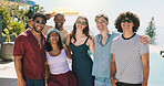Smile, portrait and summer with friends outdoor for bonding, support and holiday connection. Vacation getaway, happiness and social reunion with group of people on patio of home or resort as gen z