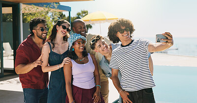 Buy stock photo Smile, selfie and summer with friends outdoor for bonding, social media and holiday connection. Vacation getaway, happiness and photography with group of people on patio of home or resort as gen z
