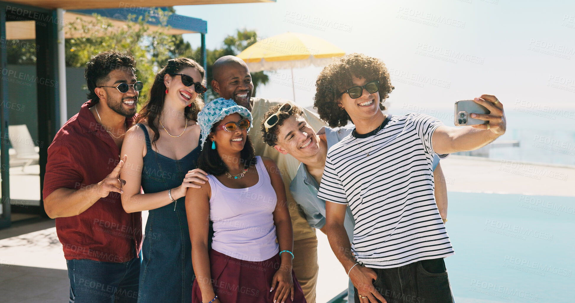 Buy stock photo Smile, selfie and summer with friends outdoor for bonding, social media and holiday connection. Vacation getaway, happiness and photography with group of people on patio of home or resort as gen z