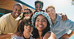 Portrait, selfie and summer with friends outdoor for bonding, social media and holiday connection. Vacation getaway, happiness and photography with group of people on patio of home or resort as pov