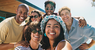 Buy stock photo Portrait, selfie and summer with friends outdoor for bonding, social media and holiday connection. Vacation getaway, happiness and photography with group of people on patio of home or resort as pov