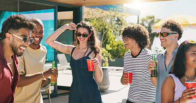 Buy stock photo Dance, beer and party with friends outdoor for social reunion, summer vacation and music. Happiness, weekend break and gen z hangout with group of people on patio of home for energy and freedom