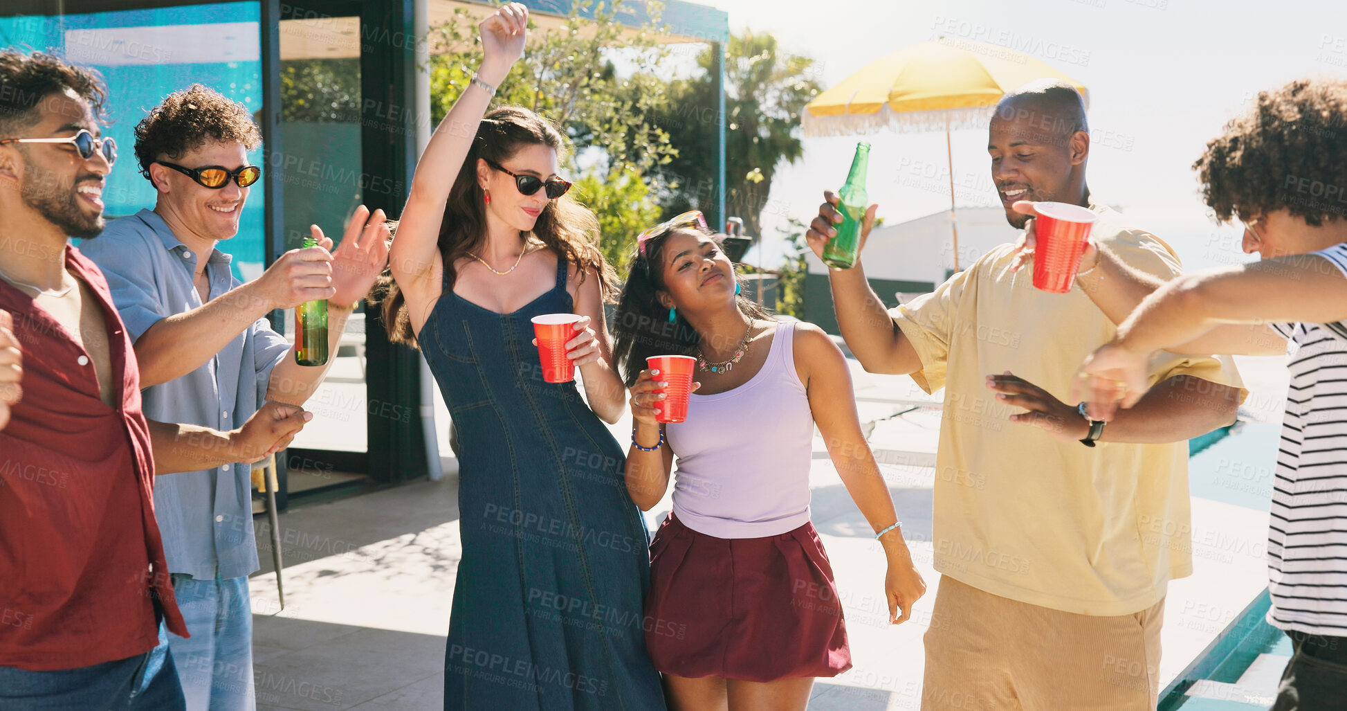 Buy stock photo Dance, beer and energy with friends outdoor for social reunion, summer vacation and music. Happiness, weekend break and gen z hangout with group of people on patio of home for party and freedom