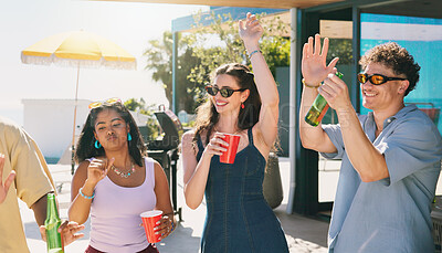 Buy stock photo Dance, beer and smile with friends outdoor for social reunion, summer vacation and music. Happiness, weekend break and gen z hangout with group of people on patio of home for energy and party