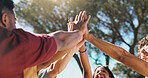Support, hands or friends with high five outdoor for solidarity, unity or community inclusion. Summer, group of people or huddle together in nature for friendship trust, connection or synergy at park