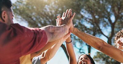 Buy stock photo Support, hands or friends with high five outdoor for solidarity, unity or community inclusion. Summer, group of people or huddle together in nature for friendship trust, connection or synergy at park