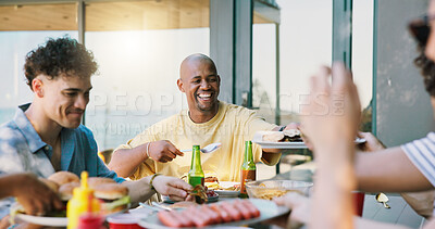 Buy stock photo Smile, bbq and relax with friends outdoor for social reunion, lunch and summer vacation. Gathering, party and barbecue cookout with group of people eating food in backyard of home for holiday
