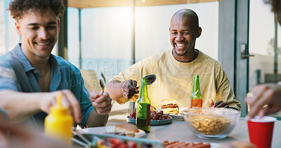Buy stock photo Happy, bbq and relax with friends outdoor for social reunion, lunch and summer vacation. Gathering, party and barbecue cookout with group of people eating food in backyard of home for holiday
