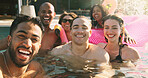 Resort, friends and portrait with selfie in pool for swimming memory, summer holiday or bonding. Happy, group of people and photo in water at hotel for travel adventure, status update or social media