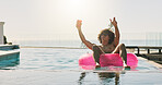 Swimming pool, party and man with vacation, sunshine and relax with weekend break. Water, floating and person with happiness, summer holiday and flare with tropical escape,  inflatable and chilling