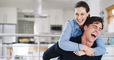 Buy stock photo Home, piggy back and happy couple in lounge, funny and love for relationship, relax and laughing. Apartment, smile and man carrying woman, break and care in living room, marriage and conversation