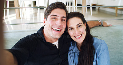 Buy stock photo Home, selfie and happy couple on sofa, portrait and profile picture for memory, relax and funny. Smile, man and woman on couch, social media post and photography for website vlog, laughing and love