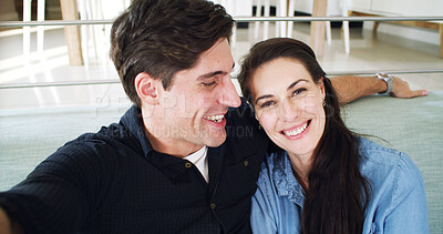Buy stock photo Smile, selfie and happy couple on couch, portrait and profile picture for memory, relax and funny. Home, man and woman in lounge, social media post and photography with love, laughing and romance
