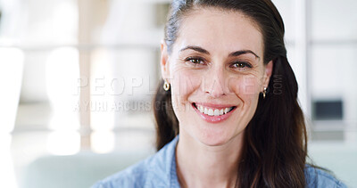 Buy stock photo Portrait, confidence or businesswoman in office with smile, journalism career or news investigation. Professional, mature writer or pride for truth discovery in newsroom, exposure story or reporting