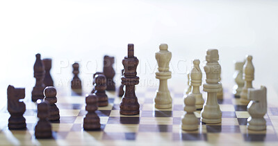 Buy stock photo Chessboard, knight and king in home, competition and strategy for contest, pawn and playing. Empty, games and challenge with problem solving, checkmate and knowledge for versus, queen and progress
