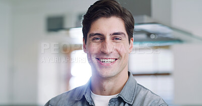 Buy stock photo Portrait, confidence or man with smile in kitchen for day off, free time or resting for weekend break. Positive attitude, morning peace or person with happiness in home, staycation or wellness in USA