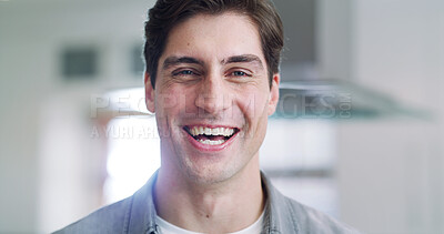 Buy stock photo Smile, portrait and man in home, funny for humor and confidence in living room. Apartment, comedy and person in lounge, happiness and calm with joke, wellness and excited with break in Australia