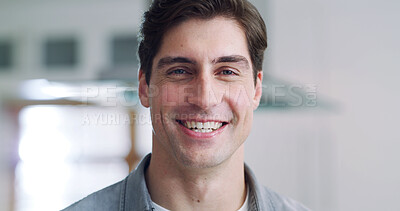 Buy stock photo Portrait, confident and business man in creative agency, journalism career and news investigation. Professional, happy journalist or pride for truth discovery in newsroom, exposure story or reporting