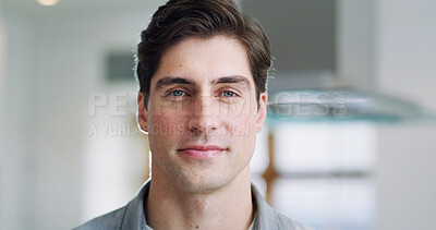 Buy stock photo Portrait, man and real estate agent in home with property listing, career development or ambition. Confident, person or realtor in house with entrepreneurship, growth or about us for startup business