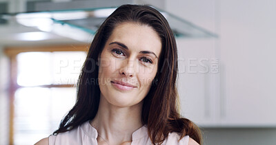 Buy stock photo Smile, relax and portrait of woman in home for peace, confidence and wellness. Happiness, pride and weekend break with female person in kitchen of apartment for morning, free time and resting