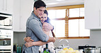 Home, hug and happy couple in kitchen, smile and bonding together for relationship, care and embrace. Romance, man and woman with happiness, comfort and support in marriage, weekend break and love