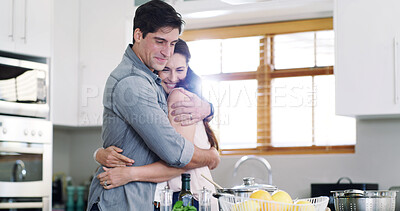 Buy stock photo Home, hug and happy couple in kitchen, smile and bonding together for relationship, care and embrace. Romance, man and woman with happiness, comfort and support in marriage, weekend break and love