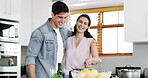 Home, cooking and couple in kitchen, portrait and bonding together for relationship, recipe and help. Apartment, ingredients and man with woman, love and prepare meal for nutrition and diet dinner