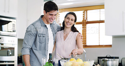 Buy stock photo Home, cooking and couple in kitchen, portrait and bonding together for relationship, recipe and help. Apartment, ingredients and man with woman, love and prepare meal for nutrition and diet dinner