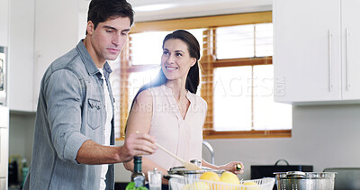 Buy stock photo Home, cooking and couple in kitchen, support and bonding together for relationship, diet plan and smile. Apartment, ingredients and man with woman, conversation and prepare meal for nutrition or help