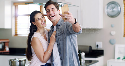 Buy stock photo Photography, smile and couple with selfie in kitchen, social media post and capture moment for memory. Connection, bonding and people with laugh for profile picture, support and happiness in home