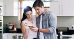 Kitchen, reading and couple with phone for bonding, show social media post and connection for message. Flare, watch video or people browsing internet with mobile in home, support or share online news