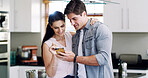 Kitchen, reading and happy couple with phone for bonding, show social media post and connection for message. Flare, watch video or people browsing internet with mobile in home, support or online news