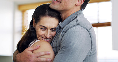 Buy stock photo Happy, couple and hug on break, home and commitment for relationship, love or affection with partner. People, smile and relax on weekend, romance and together in house, man and embrace with woman