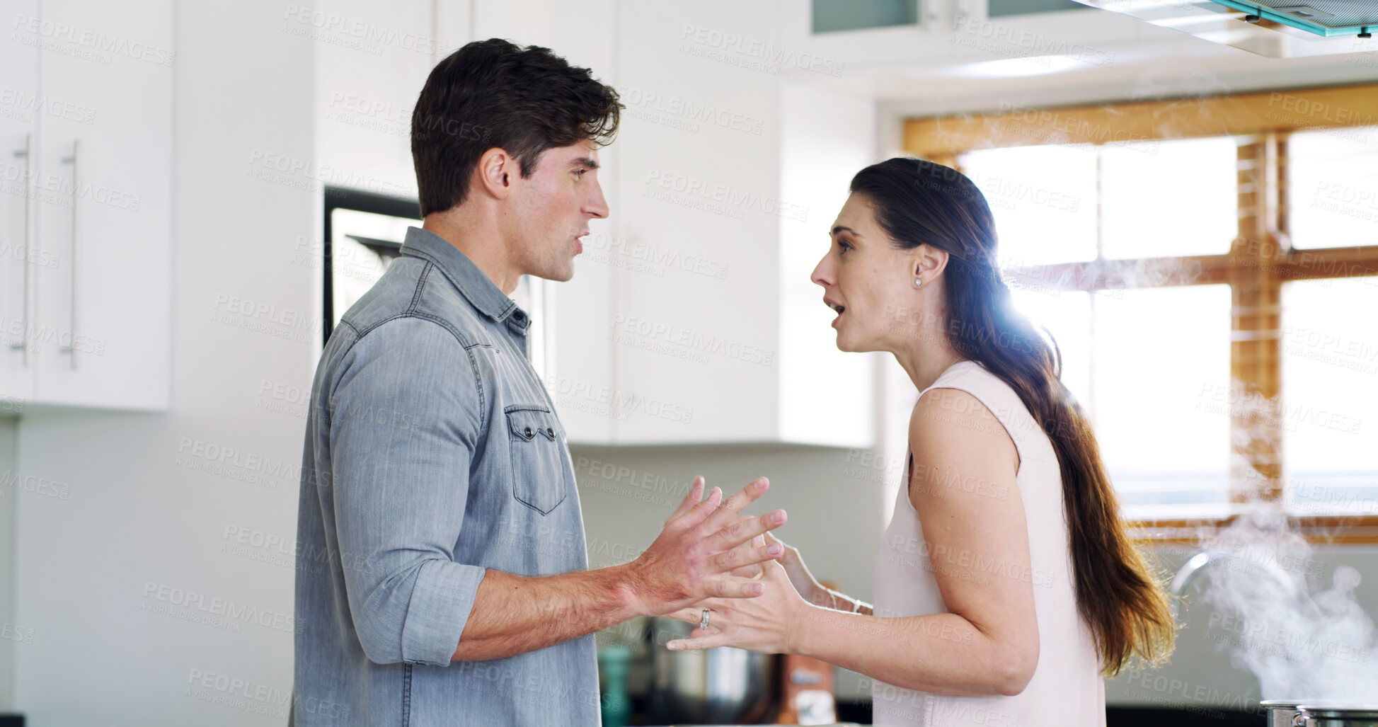 Buy stock photo Argument, angry and couple in kitchen with fight for relationship issue, conflict and mistake. Marriage, home and man with woman in a frustrated conversation for disagreement, discussion and breakup
