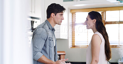 Buy stock photo Argue, angry and couple in kitchen with fight for relationship issue, conflict and mistake. Anger, home and man with woman in a frustrated conversation for disagreement, marriage problem and breakup