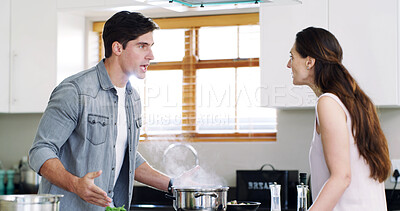 Buy stock photo Argument, shout and couple in kitchen with fight for relationship issue, conflict or mistake. Angry, home and man with woman in a frustrated conversation for disagreement, marriage problem or breakup