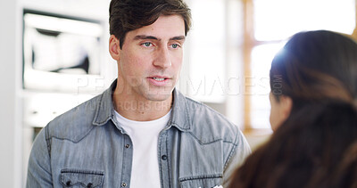 Buy stock photo Talking, support and chat with couple in home for discussion, communication and bonding. Marriage, commitment and conversation with man and woman in apartment for explaining, speaking and break