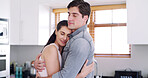 Home, hug and couple in kitchen, love and bonding together for relationship, care and embrace. Apartment, man and woman with happiness, comfort and support in marriage, weekend break and romance