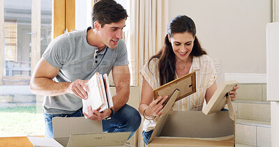 Buy stock photo New home, unpacking boxes and couple with discussion, photo and mortgage loan. Rental apartment, man and woman in living room, cardboard and real estate purchase with property investment or talking