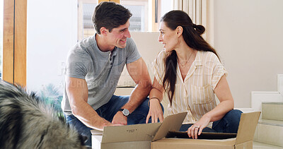 Buy stock photo Couple funny and unpacking for new home, talking and property investment for achievement. Rental apartment, man and woman in lounge, cardboard and real estate purchase with mortgage loan and goals