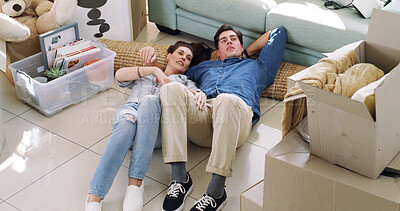 Buy stock photo New home, above and couple with conversation for decoration or planning for interior design. Apartment rental, man or woman on floor, boxes or discussion for property investment, ideas or real estate