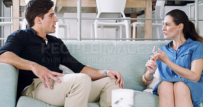 Buy stock photo Argue, angry and couple on sofa with fight for relationship issue, conflict and mistake. Discussion, home and man with woman in a frustrated conversation for disagreement, marriage problem or breakup
