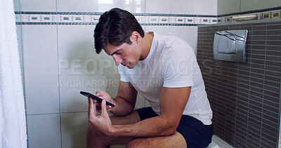 Buy stock photo Home, smartphone and man in bathroom, internet for social media and online for health website. Apartment, email and cellphone for connection, person and digital app for texting and message to contact