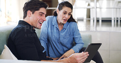 Buy stock photo Home, video call and happy couple on sofa, tablet for communication and greeting in lounge. Apartment, man and woman on couch, internet and tech for online chatting, hello and app for live streaming