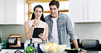 Talking, cooking and happy couple in kitchen, tablet for online recipe and app for food website. Home, man and tech for nutrition, woman and reading instructions for health meal, help and ingredients