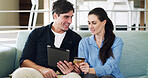 Talking, credit card or couple on couch, tablet for discount deal or website info for home insurance. Purchase, man or woman on sofa, transaction or tech for online shopping or payment for ecommerce