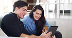 Smile, video call and couple on sofa, tablet for communication and virtual chatting in lounge. Home, man and woman on couch, connection and tech for online conversation, hello and digital app