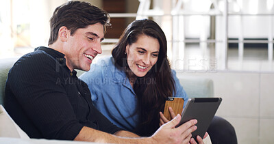 Buy stock photo Smile, video call and couple on sofa, tablet for communication and virtual chatting in lounge. Home, man and woman on couch, connection and tech for online conversation, hello and digital app