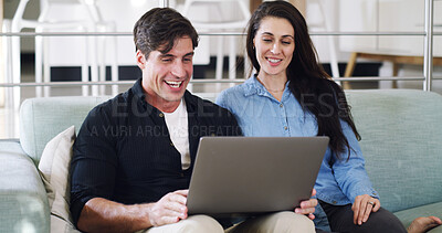 Buy stock photo Home, laptop and happy couple on couch, relax and watching online movies for entertainment. Smile, man and woman on sofa, computer and research for comedy, conversation and laughing in living room
